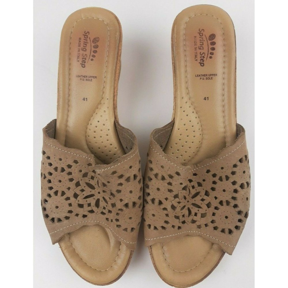 Spring Step Women's US Size 9.5/10 Sandals Tan Leather Wedge Made In Italy